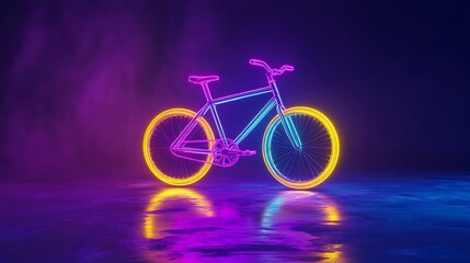 Fototapeta premium A glowing radiant bicycle icon with spinning neon yellow and cyan wheels, floating over a vivid neon purple surface