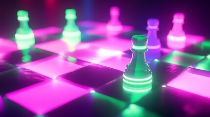 A glowing radiant chessboard icon with alternating neon green and pink squares, softly shimmering against a neon purple backdrop