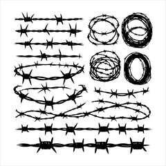 Barbed wire collection silhouette vector. Barbed wire metallic border elements, barb wire set, barb wire icon. Barbed wire fence on the border silhouette illustration