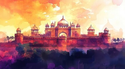 Fototapeta premium detailed architectural watercolor illustration of historic red fort delhi with intricate islamic patterns and dramatic sunset sky background