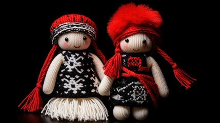 Adorable yarn dolls in black and red knitwear with snowflake patterns Baba Marta