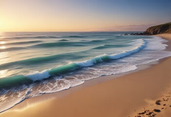 Fototapeta premium Undulating blue ocean waves on a sandy beach at sunset, ocean, sand, sunset
