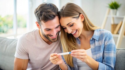 Young happy couple looking at positive results of pregnancy test, planning future family life with child
