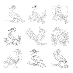 Beautiful bird sit in the flower tree brunch, colouring page