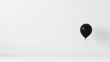 Minimalist Scene of a Floating Black Balloon in an Empty Room with White Walls and Floor