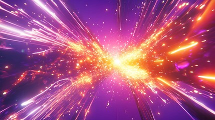 Naklejka premium A luminous abstract firework icon with neon golden and silver sparks flying outward, surrounded by glowing light trails on a vibrant purple backdrop
