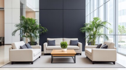 Fototapeta premium Modern Office Lounge with Stylish Sofas and Indoor Plants in Bright, Contemporary Space