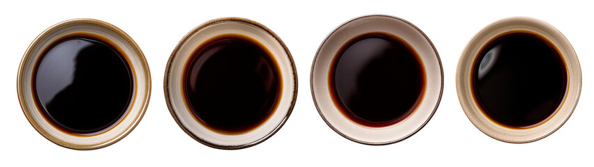 Four small bowls filled with rich, dark soy sauce for cooking and dipping.