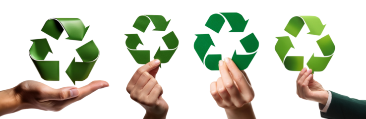 Hands holding green recycling symbols, promoting sustainability and eco-friendly practices.
