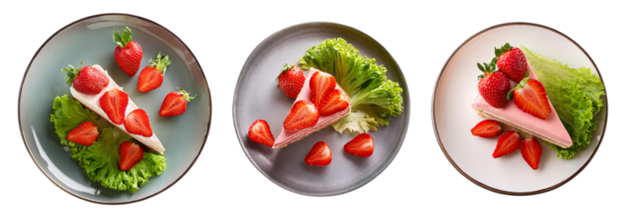 Fresh strawberry desserts garnished with leafy greens on stylish plates.