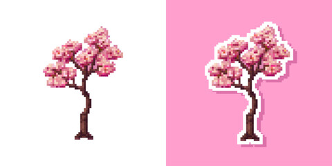 Pixel art sakura tree with flowers icon set. Vector 8 bit style illustration of pixel sakura blossom. Isolated spring cute decorative element of retro video game computer graphic. Sticker isolated  © Bodega