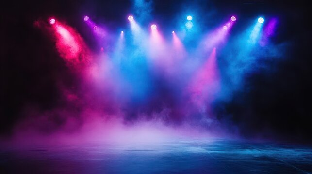 dramatic stage performance background with multiple colored spotlights, rising fog and empty platform for concert or theater show