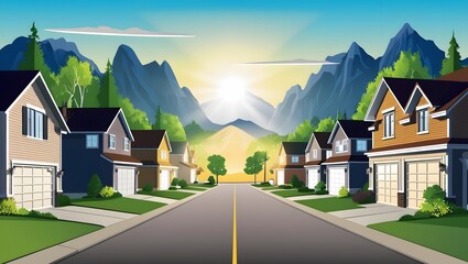 Mountain Suburb at Dawn CArtoon Background