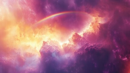 Obraz premium dreamy pastel sky scene with majestic rainbow arching through ethereal clouds illuminated by soft multicolored sunlight creating magical atmosphere