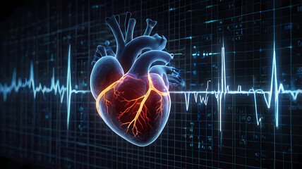 Heart Health: A detailed anatomical heart model, pulsating with vibrant energy against a dynamic EKG rhythm.  The image embodies the power and vitality of a healthy heart.