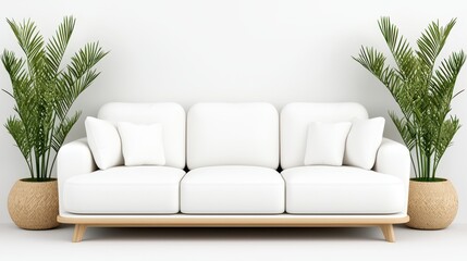 Elegant White Sofa Surrounded by Lush Green Plants in Modern Living Room Setting