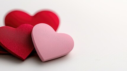 Fototapeta premium Three colorful heart-shaped decorations in red and pink, symbolizing love and affection, set against a soft, neutral background.