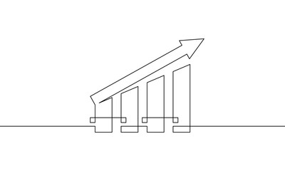 Continuous one line drawing of graph with arrow up. Flat icon of increasing arrow. Single line art of business growth. Sign symbol of bar chart. Vector illustration