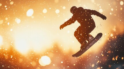 Naklejka premium dynamic snowboarder silhouette performing aerial trick against dramatic mountain sunset with snow particles creating ethereal light effects in winter scene