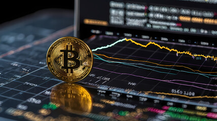 Bitcoin on the Rise: A single golden Bitcoin coin sits prominently on a screen displaying a fluctuating graph, symbolizing the dynamic and unpredictable nature of cryptocurrency. 