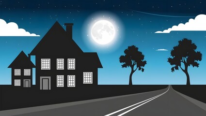 Fototapeta premium Night Village with Moon Cartoon Background