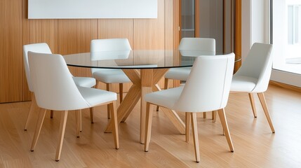 Elegant Modern Dining Room with Glass Top Table and Stylish White Chairs in Minimalist Interior Setting