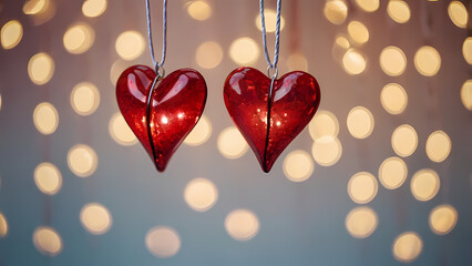 Twinkling Hearts: Two red hearts hanging from a string, illuminated by warm fairy lights, symbolize love, romance, and the magic of a romantic setting.  