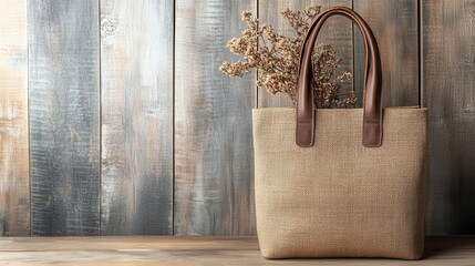 eco-friendly natural jute shopping bag mockup with leather handles on rustic wooden table - sustainable retail packaging design template