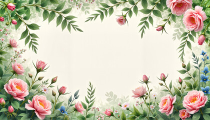 Beautiful floral frame with pink roses and greenery on a soft background