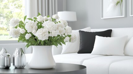 Elegant White Flowers in Modern Living Room Decor with Bright Natural Light
