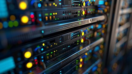 Naklejka premium High-tech server racks in a data center, showcasing advanced IT infrastructure and robust network security systems. Modern and technological.