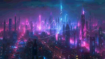 Futuristic city skyline at night with vibrant neon lights and glowing energy lines.