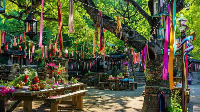 May Day celebration in a village square with colorful streamers and a festive maypole setup