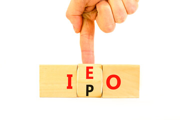 Initial public or exchange offering symbol. Concept words abbreviation IPO IEO on wooden block....