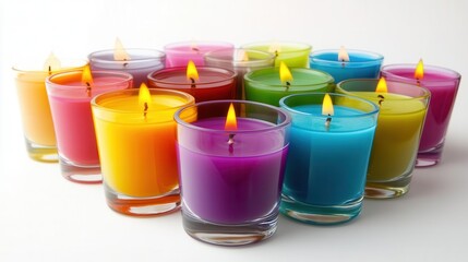 elegant array of colorful wax candles in unique glass holders, casting warm glows against a pristine white background, evoking a sense of tranquility and warmth