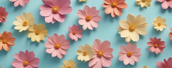 Fototapeta premium Delicate colourful handmade paper flowers on light blue background with subtle spacing and texture details, creative, artful