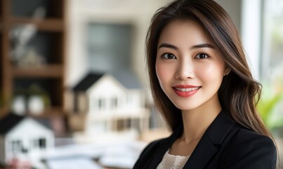 A professional woman smiles confidently in an office setting with model houses.