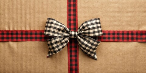 Obraz premium A simple brown paper package wrapped with a black and red plaid ribbon and bow