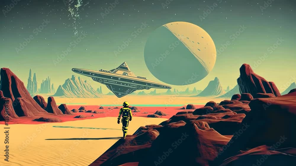 Poster retrofuturistic landscape in 80s sci-fi style. retro science fiction scene with futuristic buildings