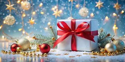 A Festive Christmas Gift Box Adorned with a Red Bow, Surrounded by Sparkling Ornaments and Twinkling Lights, Creating a Magical Winter Wonderland