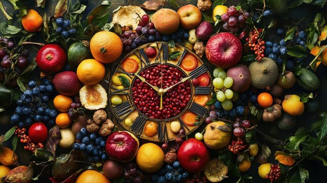 Clock made of ripe fruits and vegetables showing time of 23 hours 55 minutes and new year resolutions for 2019
