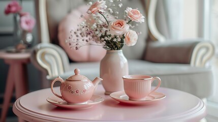 A charming pink tea set elegantly arranged on a small table