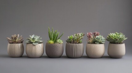 Fototapeta premium elegant collection of diverse succulent plants arranged in modern ceramic pots, showcasing natural colors and textures against neutral gray backdrop