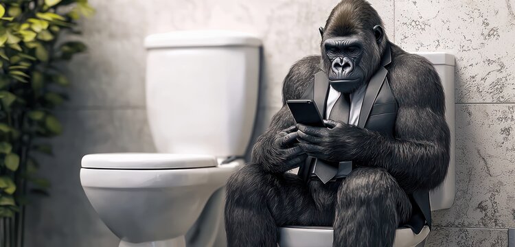 Corporate gorilla uses smartphone while seated on a toilet, AI-generated scene.