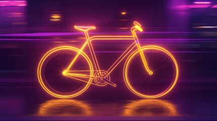 Fototapeta premium A vibrant, glowing bicycle icon with neon yellow outlines, appearing in motion over a neon purple surface