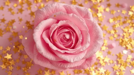 Fototapeta premium Light rose background entirely covered in gold star confetti, gold,rose background,pastel