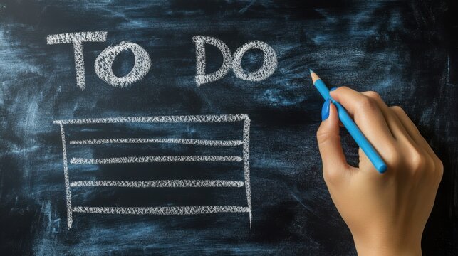 inscription to do list on a black chalk board and a female hand with blue chalk, the concept of future planning, strategy