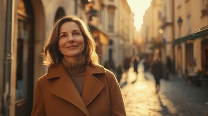 Fototapeta premium elegant middle-aged woman in designer autumn coat walking through historic european city streets during golden hour photography