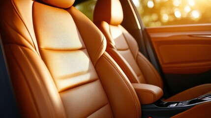 Obraz premium Luxurious Tan Car Interior with Warm Lighting and Soft Leather Seats