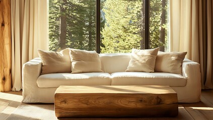Sunlight Streams Through Window Illuminating Cozy Living Room with Linen Sofa and Wooden Coffee Table